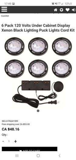 6 Pack 120 Volts Under Cabinet Display Xenon Black Lighting Puck Lights Cord Kit