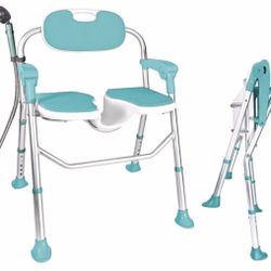 Folding Shower Chair with Arms and Back, Adjustable Height, Non-Slip Feet, Blue