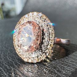 10k rose gold Natural 1.5CT Oval Pink Morganite & 0.55CTW Diamond Double Halo Engagement Ring sz 5
