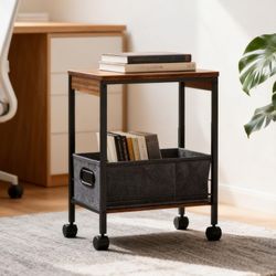 Wood Narrow Side End Table with Basket Lockable Wheels Size Length 16", Width 9", Height 22" New Condition