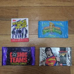 4 Sealed Late 80s Early 90s Packs Of Cards Like Superman, Power Rangers, NKOTB, And Cosmic Teams. 