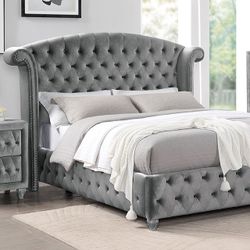 Brand New Glam Gray Velvet Queen Size Frame 