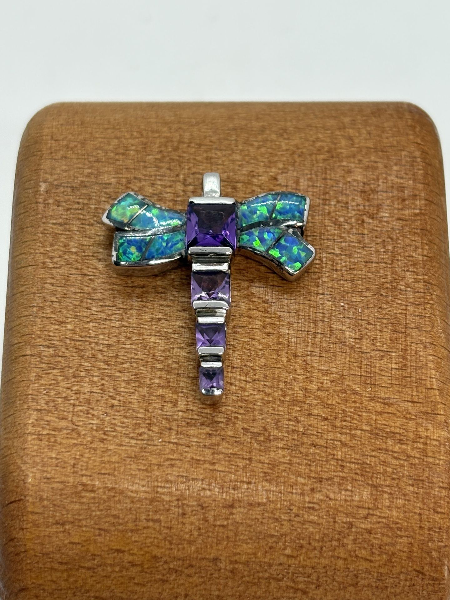 Signed AK 925 Sterling Silver Pendant Fire Opal Amethyst Dragonfly Insect