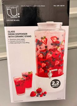 Studio Tu 2.2 Gallon Glass Drink Dispenser with Acacia Wood Stand & Lid - Brand New Box