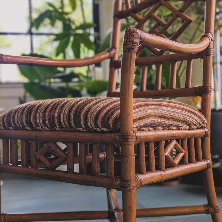 Vintage Ornate Chippendale Rattan Bamboo Arm Chairs- Set of 4