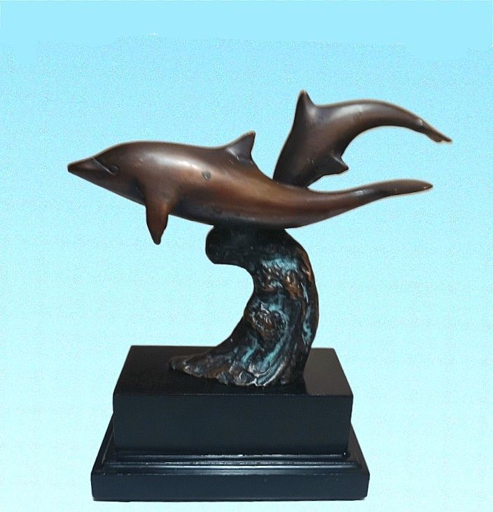 Vintage double dolphin cast statue w/ wooden base 8" X 7" inches Beautiful!