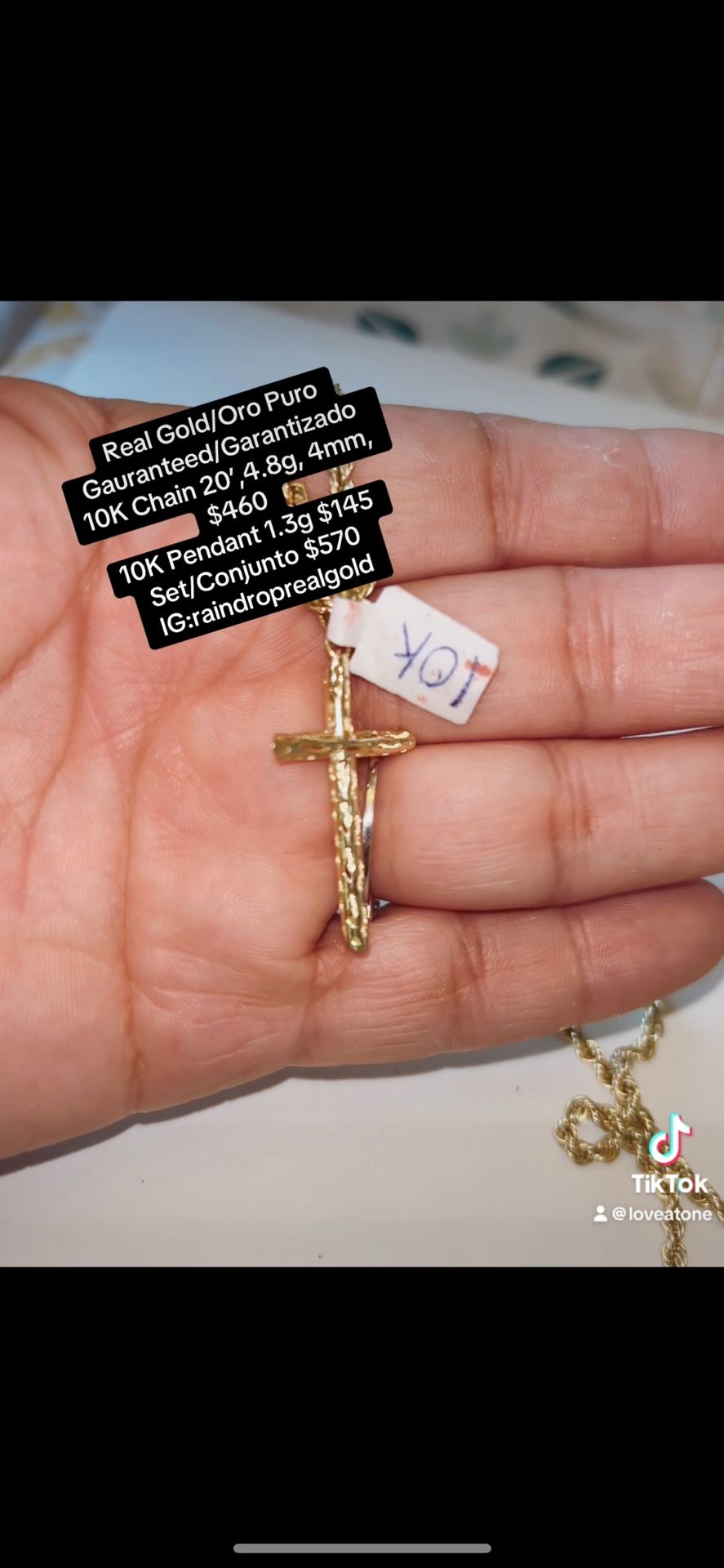10K Gold Rope Chain & Cross Pendant