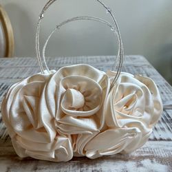 Satin Rose Flower Clutch Purse With Crystal Handles-Cream Color