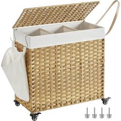 New Rattan Laundry Hamper with Lid, 37 Gallons with Wheels, 3-Section , Removable liner, Natural