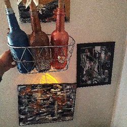 original ART Display! 3 Handmade Glass Bottle Lamps, 2 Glass Paintings, 1 Bag