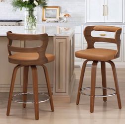 26" Swivel Hollow Back Counter Bar Stools Set of 2, PU Leather Chairs, Brown