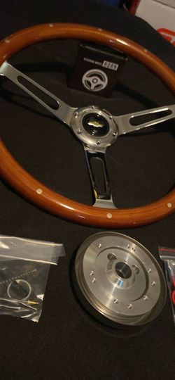 15 Inch Real Wood Wheel With Bow tie Logo Horn Button Fits 73-94 Chevy All