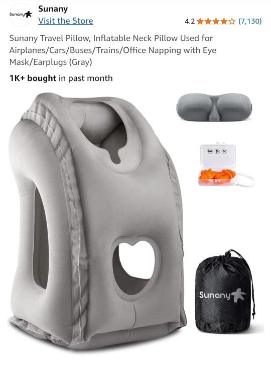 Sunany Travel Pillow, Inflatable Neck Pillow Used for Airplanes/Cars/Buses/Trains/Office Napping with Eye Mask/Earplugs (Gray)