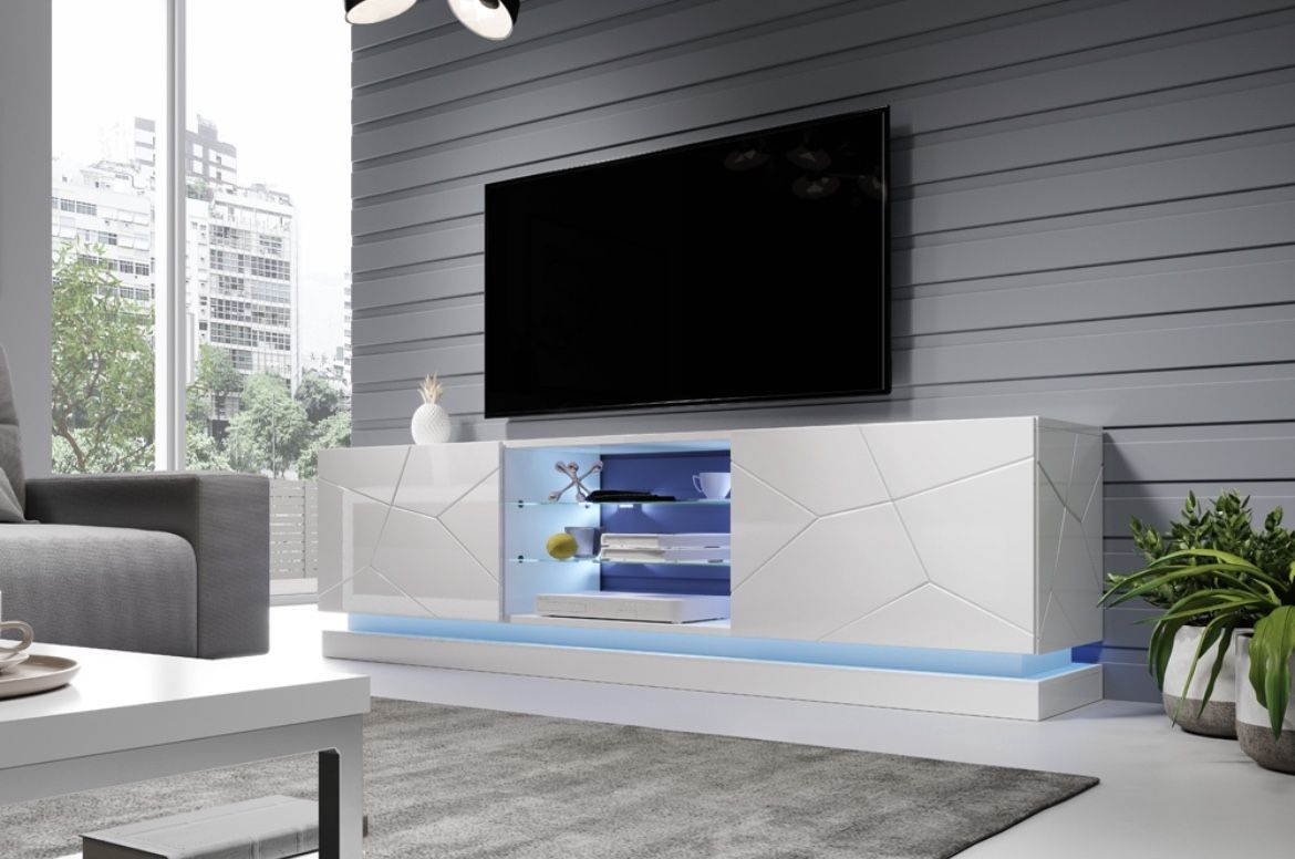 Sleek Modern White Glossy Oversized 79” TV Console With LED Lighting! Local Delivery Only