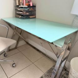 Modern Glass Desk – Tiffany Blue with Polished Chrome X-Frame