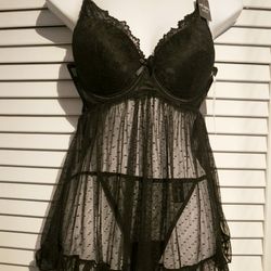 RENE ROFE Lingerie Apron Set Soft Lightly Padded & g-string, Black, Size L, NWT.