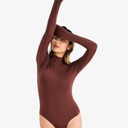 Women's Bodysuit Double Lined Long Sleeve Basic Tops Coffee XL