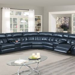 New Reclining Sectional.  Ink Blue Or Grey Gel Leatherette.  123” X 123”.  Free Delivery!
