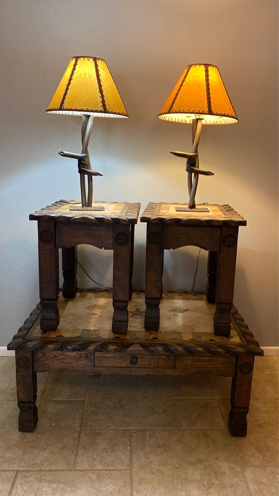 Western Coffee table, 2 end tables and 2 lamps