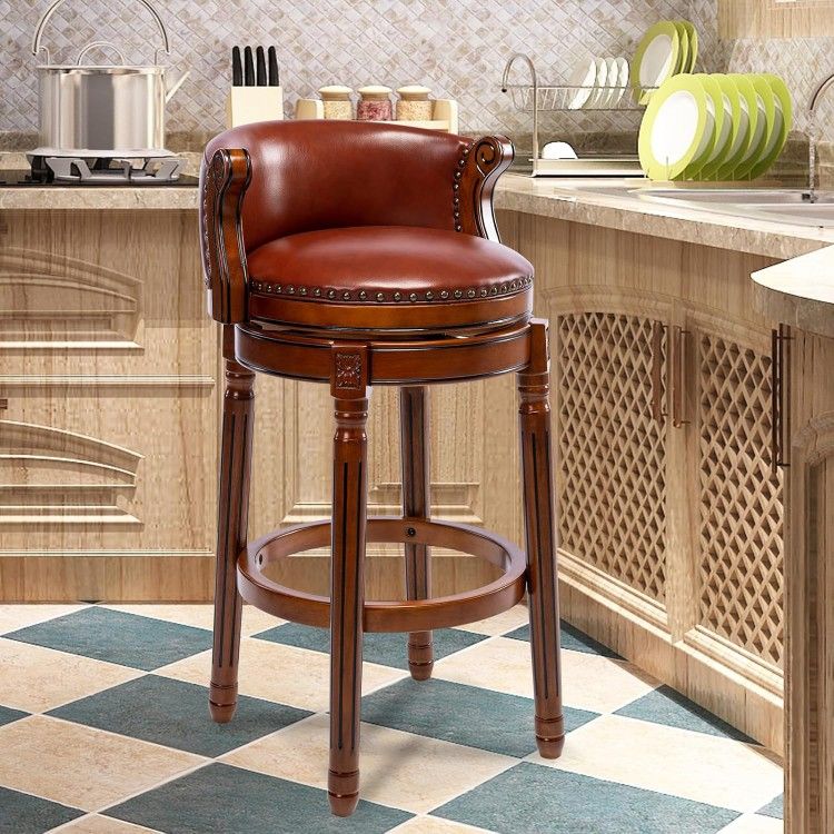 Bar Stools Rubber Wood Counter Height Bar Stool Leather Upholstered Swivel Barstools with Back & Footrest for Home,Kitchen,Counter,Dining Room (Brown,