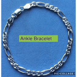 Ankle Bracelet 4mm Solid Sterling Silver 925 Figaro/Mariner Design *Pickup Boca Raton