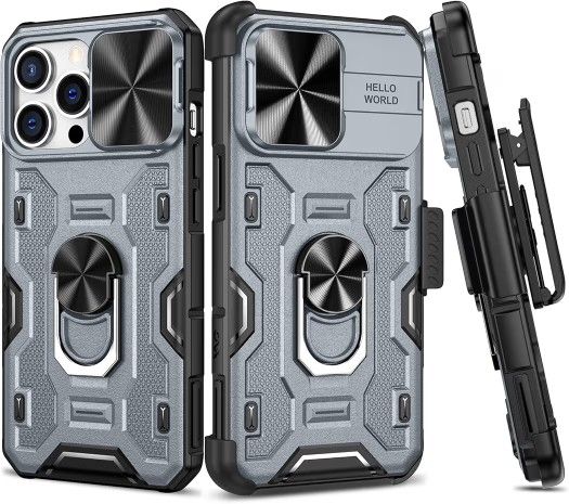 VEGO for iPhone 14 Pro Max Case, Slide Camera Cover & Belt Clip Holster & Magnetic 360°Ring Kickstand Military Grade Heavy Duty Protection Cover for i