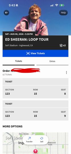 Ed Sheeran Tickets  Sect. 123-  August 8 , 2026 at SoFi