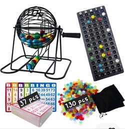 Yuanhe Deluxe Bingo Game Set Metal Round Cage, 75 Colored Bingo Balls CardsChips