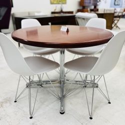 Round Wood Table with Metal Frame/Legs + Four Eames Inspired Chairs