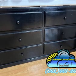 Black 6 Drawer Wide Dresser Real Wood- Tocador Negro 