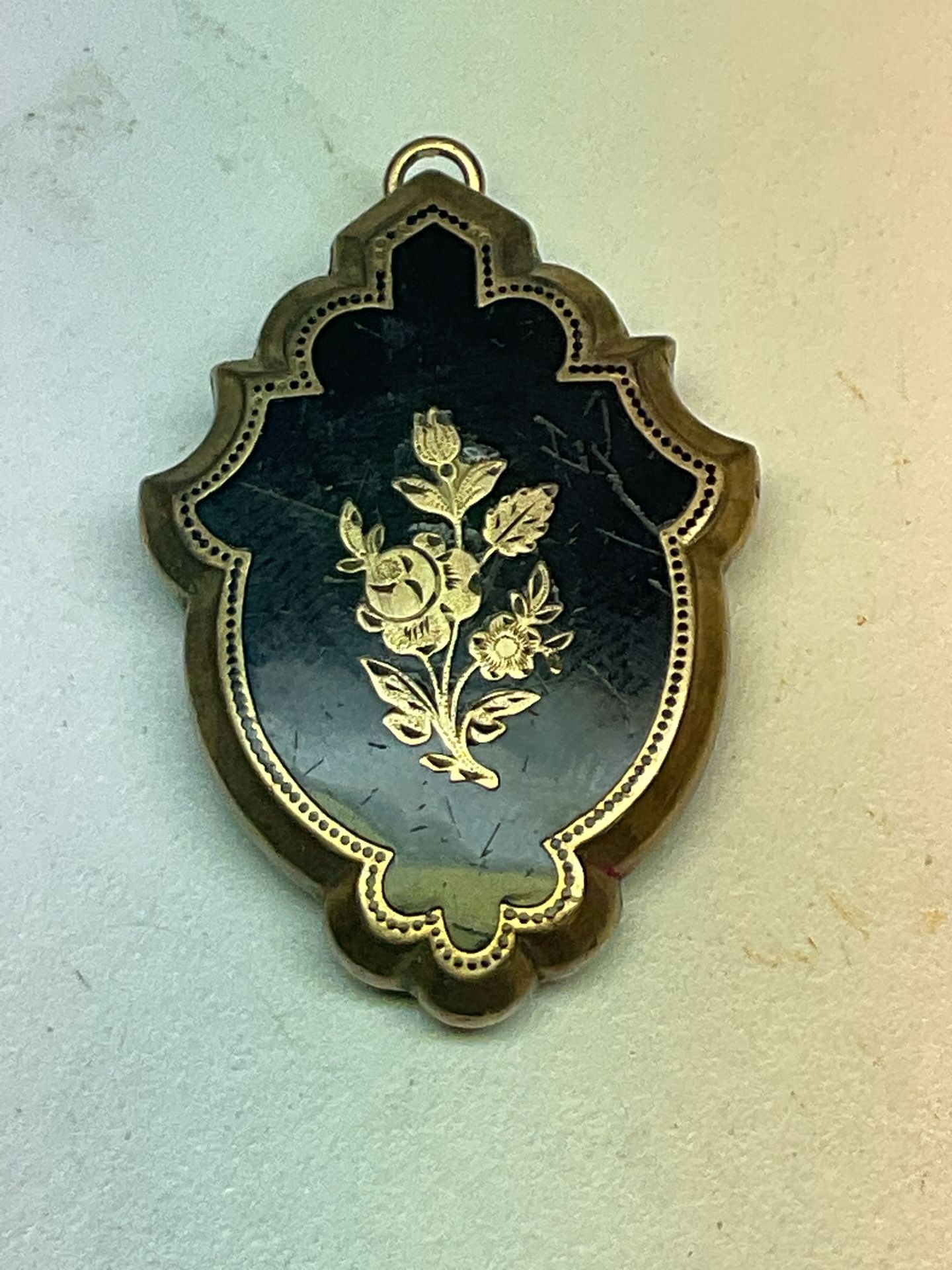 Antique Victorian Locket Pendant Brooch Black Enamel with Floral Design Rear Picture Compartment 