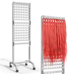 Yumkfoi 280 Pegs Braiding Hair Rack, Height-Adjustable, 2-Sided with Wheels, Grey Hair Separator Stand for Braiders, Hairstylists