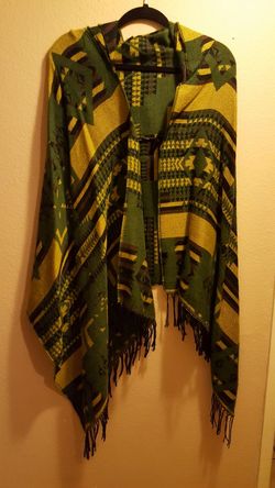 Womans Pancho cover up green yellow brown and black