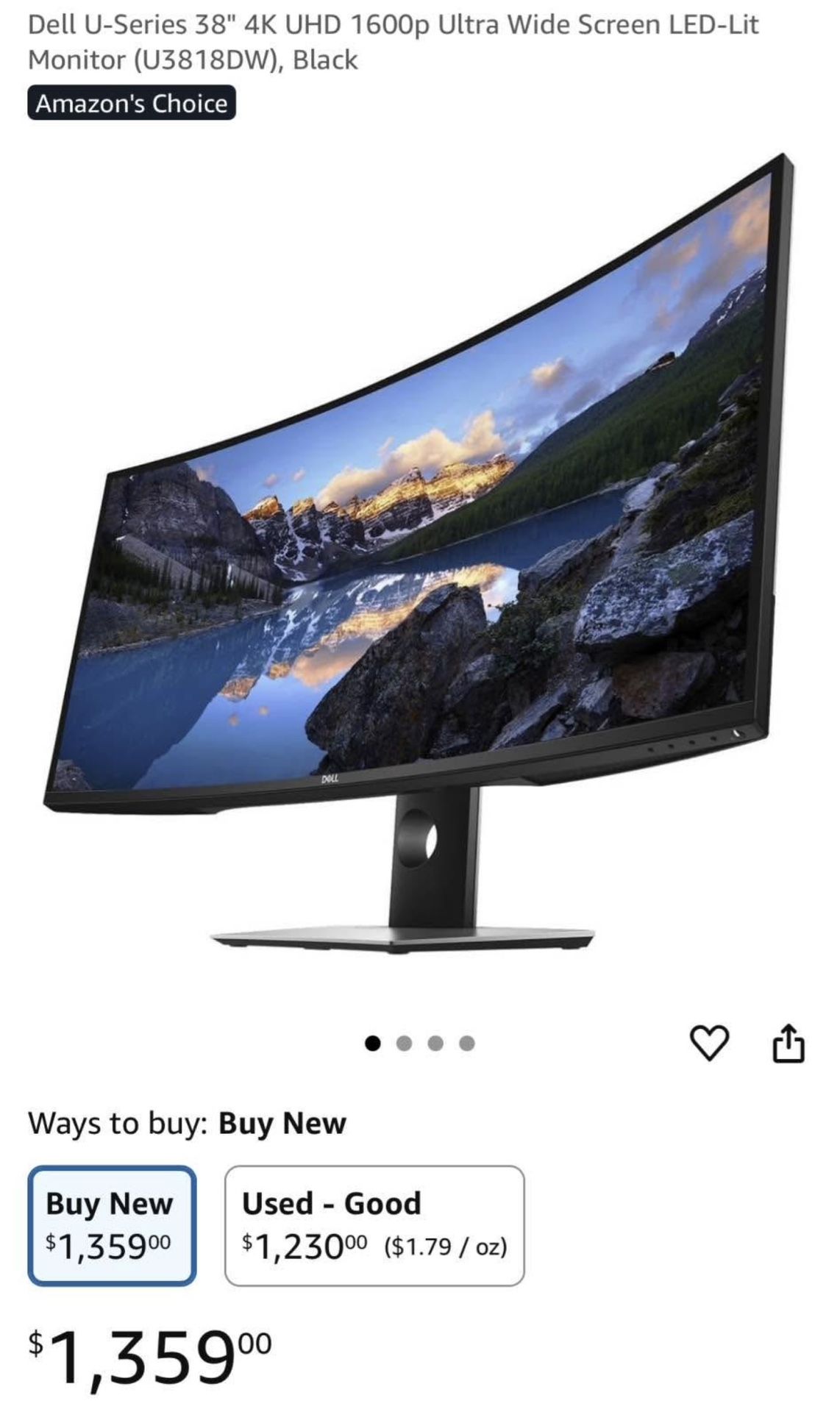 Dell U-Series 38" 4K UHD 1600p Ultra Wide Screen LED- Lit Monitor (U3818DW), Black