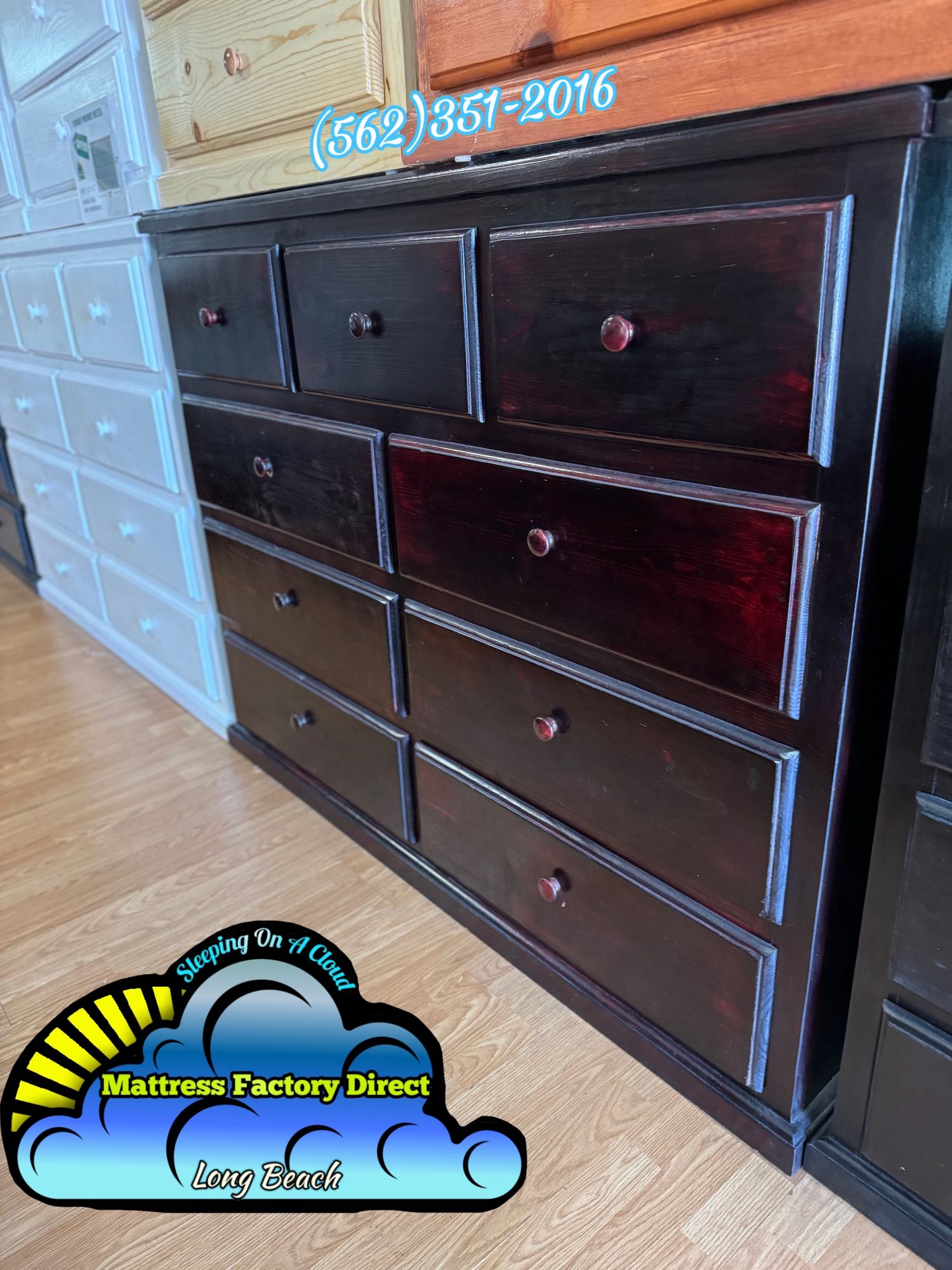 New Dark Cherry Solid Pine Wood Wide 9 Drawer Dresser