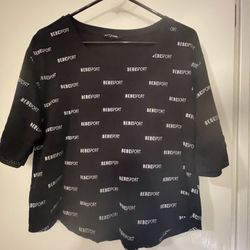 bebe Black Short Sleeve Logo Tunic Top with All-Over Branding