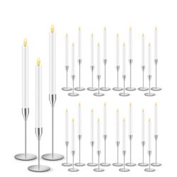 30 Pcs Silver Candlestick Holders with Flameless LED Candles X(410)