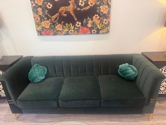 Green couch and console
