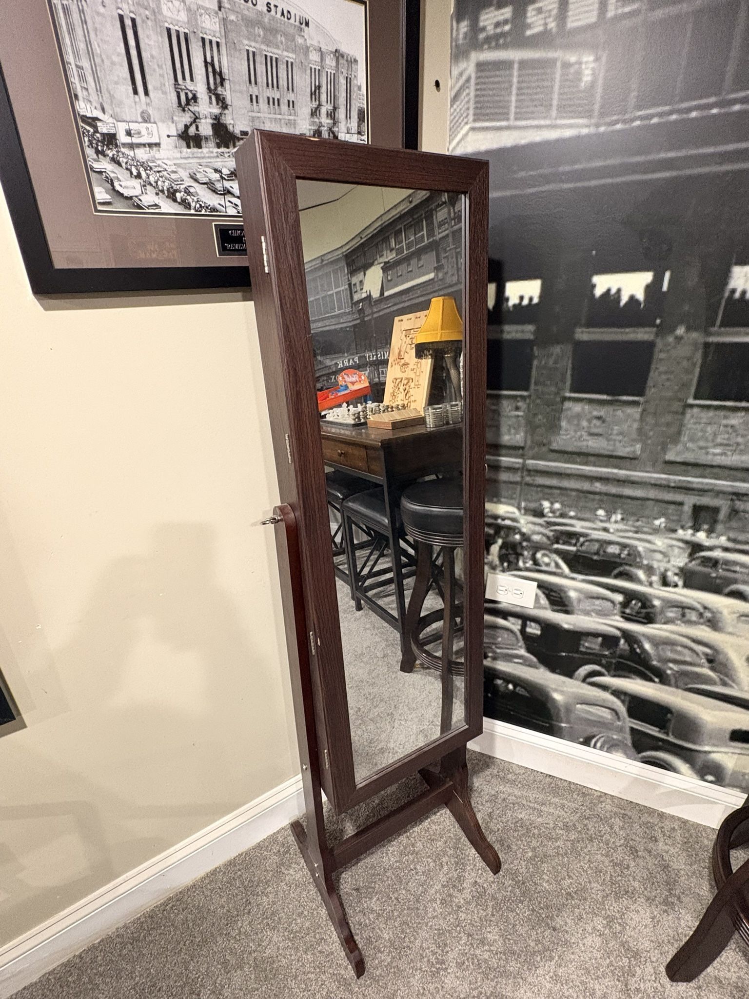 Brown Wood Mirrored Jewelry Cabinet Armoire – $100