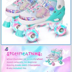 Kids Roller Skates for Girls or Boys, Adjustable Roller Skates for Children with Beautiful Butterflies, Beginners 3-8Years Old Light up Quad Skates In