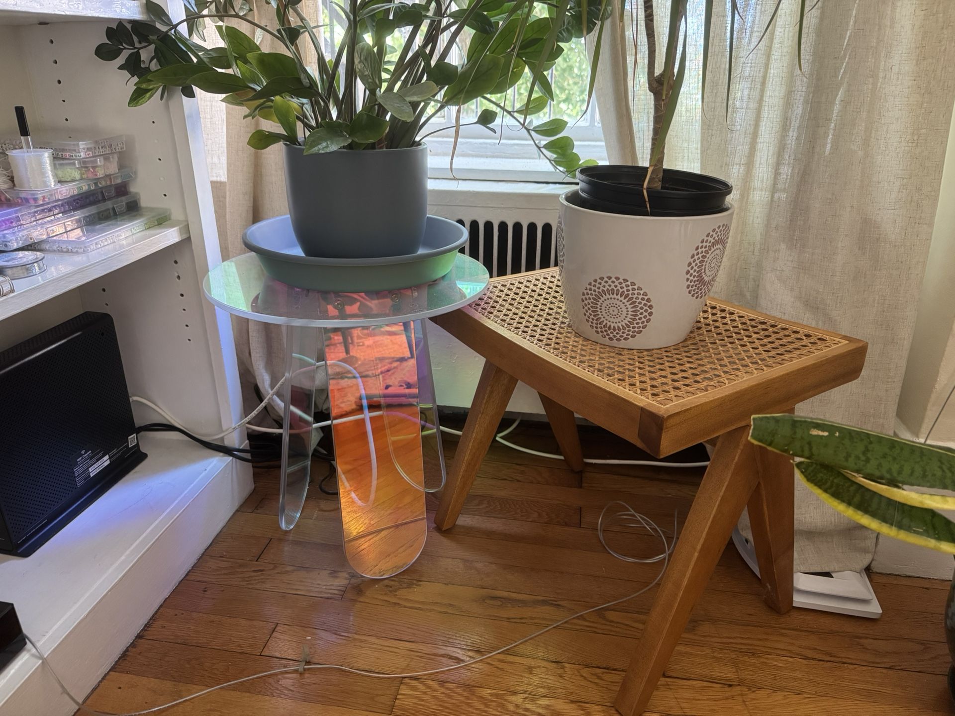 France & Son Jeanneret Ottoman / Stool + Clear Side Table