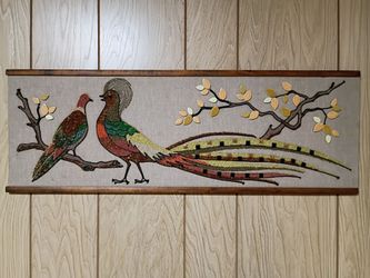Mid Century Vintage Gravel Pebble Tile Art MCM Kitsch Birds Peacock 1960s 12x36