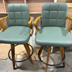 NEW - 26” Counter Height Bar Stools,Leather Upholstered Bar Chair, Swivel Bar Stools with Back and Arms，Modern Barstool Set of 2 for Kitchen Island (G