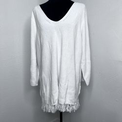 Talbots Woman’s White V-Neck Sweater with Fringe Hem Boho Western Size: 3X