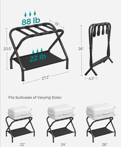 Luggage Rack, Suitcase Stand with Fabric Storage Shelf, for Guest Room, Bedroom, Hotel, Foldable Steel Frame, Holds up to 110 lb, 27.2 x 15 x 20.5 Inc