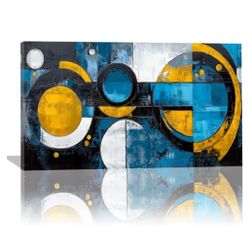 Abstract Circle Canvas Wall Art Blue Yellow Black Geometric Wall Decor 16W x 32L