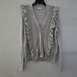 Grey Ruffle Soft Lightweight Button Cardigan Women Festive Holiday