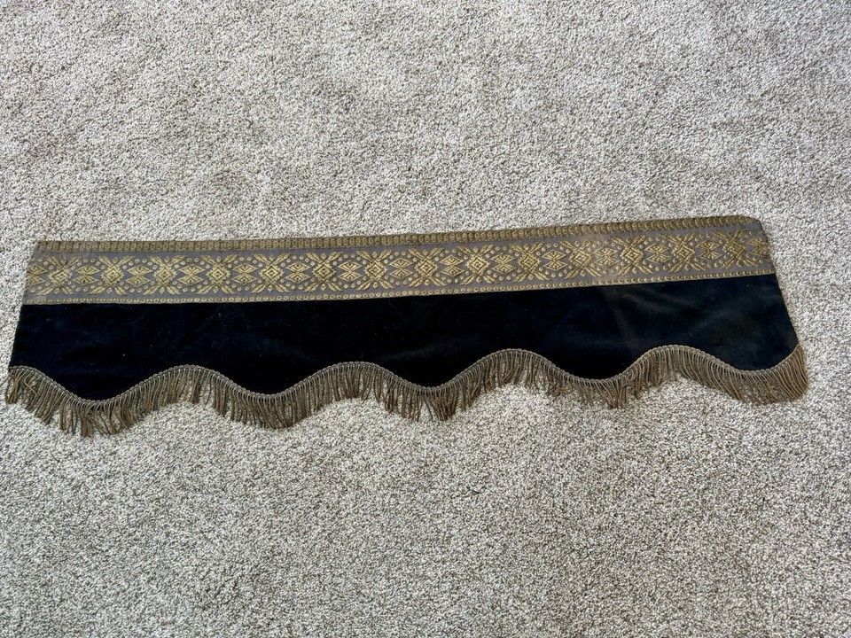 Antique Black Velvet Gold Fringed Window Curtain Valance 41.5” X 11.5"
