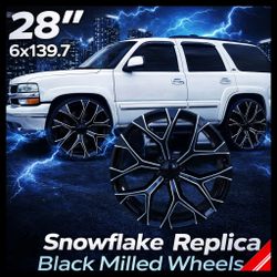 Brand New 28" 6x139.7 Black Milled Snowflake Wheels