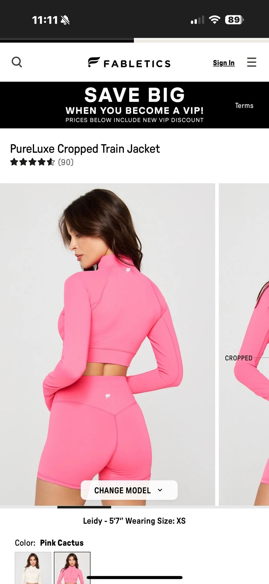Fabletics Pure Lux Crop Train Jacket (Pink Cactus)
